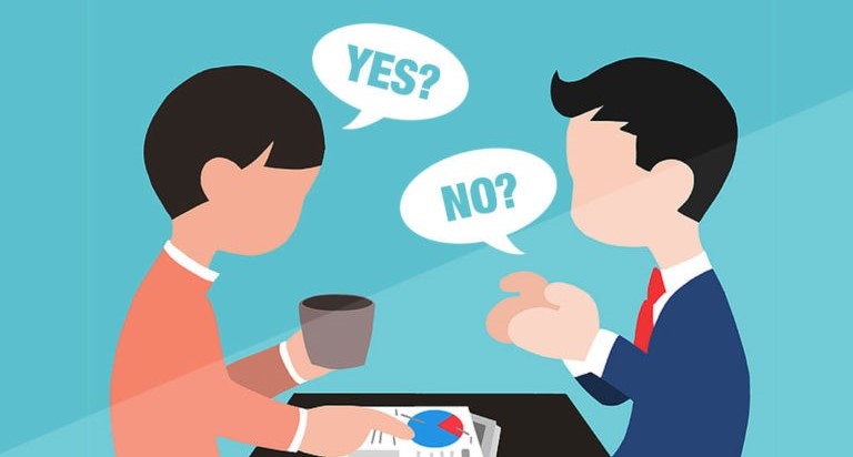 Illustration of two people talking at a table